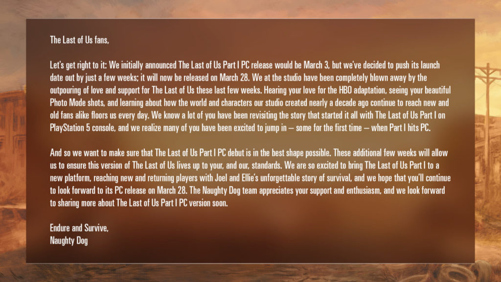 زمان عرضه نسخه پی‌سی The Last of Us Part I یک ماه تاخیر خورد - ویجیاتو