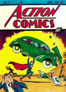 کاور شماره ۱ کمیک Action Comics با تاریخ روی جلد ژوئن سال ۱۹۳۸ و انتشار واقعی آوریل ۱۹۳۸ (برای دیدن سایز کامل روی تصویر تپ/کلیک کنید)