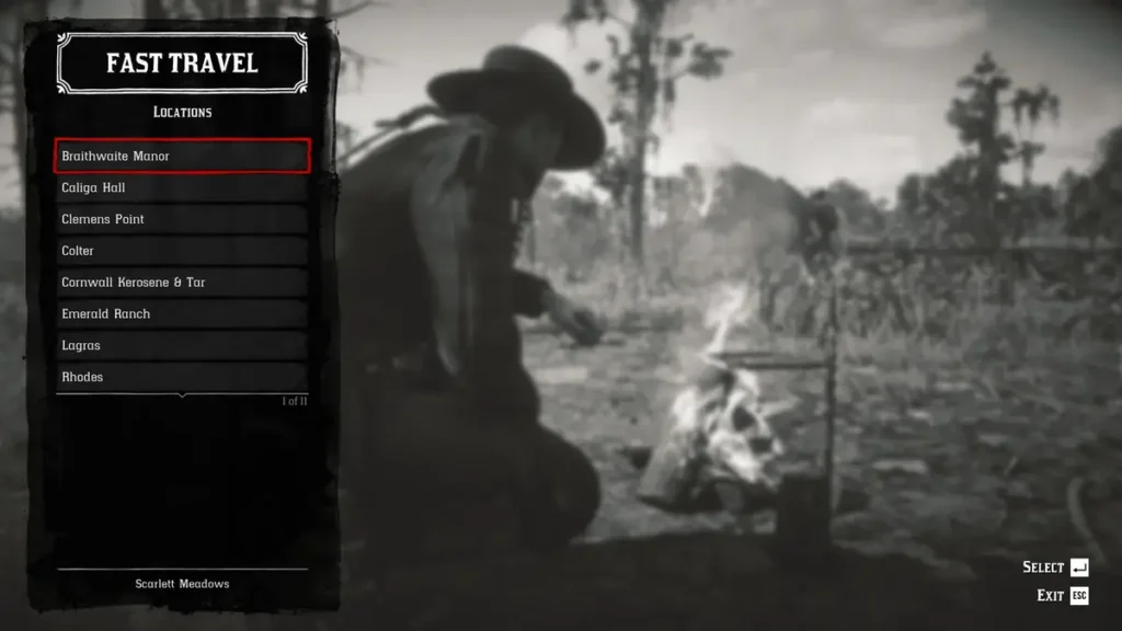 تعدادی از گزینه‌های Fast Travel بازی Red Dead Redemption 2 در کنار آتش اردوگاه