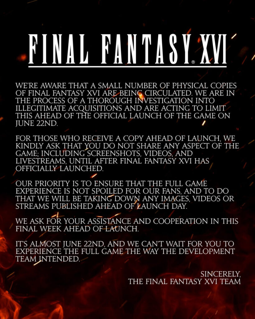 اسکوئر انیکس برای نسخه‌های غیرقانونی Final Fantasy 16 بیانیه‌ای منتشر کرد - ویجیاتو