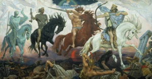نگارگری Four Horsemen of the Apocalypse - اثر ویکتور واسنتسوف، سال ۱۸۸۷ (برای دیدن سایز کامل روی تصویر تپ/کلیک کنید)