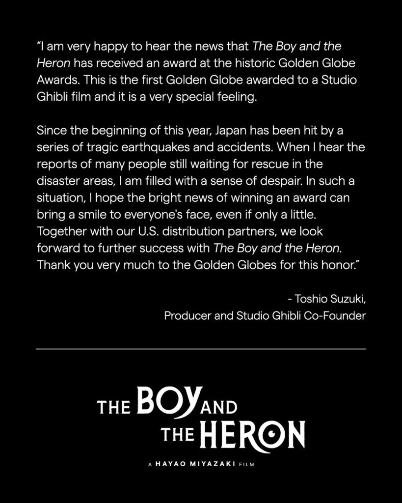 بیانیه توشیو سوزوکی نسبت به برد انیمیشن The Boy and The Heron در مراسم جوایز گلدن گلوب ۲۰۲۴