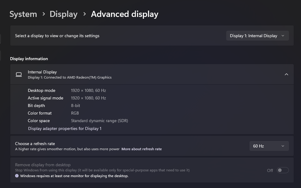 صفحه Advanced display settings در تنظیمات ویندوز ۱۱