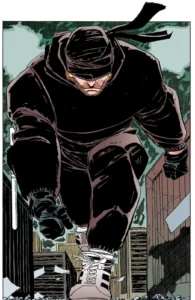 لباس سراسر سیاه دست‌ساخت مت مورداک در شماره‌ی ۵ کمیک Daredevil: The Man Without Fear (برای دیدن سایز کامل روی تصویر تپ/کلیک کنید)