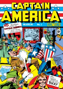 هیتلر روی کاور شماره‌ی ۱ کمیک Captain America Comics از کاپیتان آمریکا مشت می‌خورد (برای دیدن سایز کامل روی تصویر تپ/کلیک کنید)