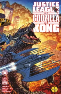 کاور شماره‌ی ۱ کمیک  Justice League vs. Godzilla vs. Kong (برای دیدن سایز کامل روی تصویر تپ/کلیک کنید)