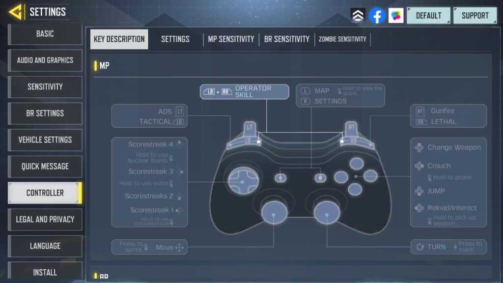 تصویری از منوی تنظیمات بازی کالاف دیوتی موبایل