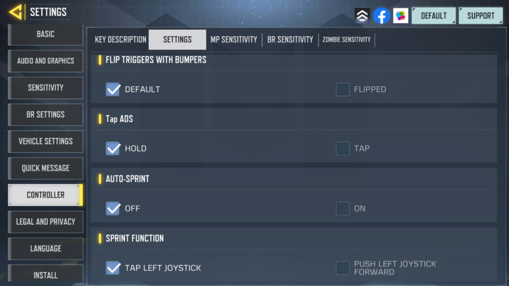 تصویری از تنظیمات بخش Settings در بازی کالاف دیوتی موبایل