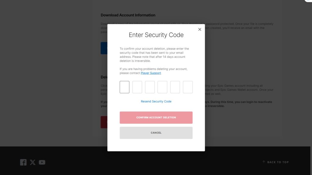 تایید پاک کردن اکانت اپیک گیمز خود با زدن کدی که برای شما ایمیل شده است.