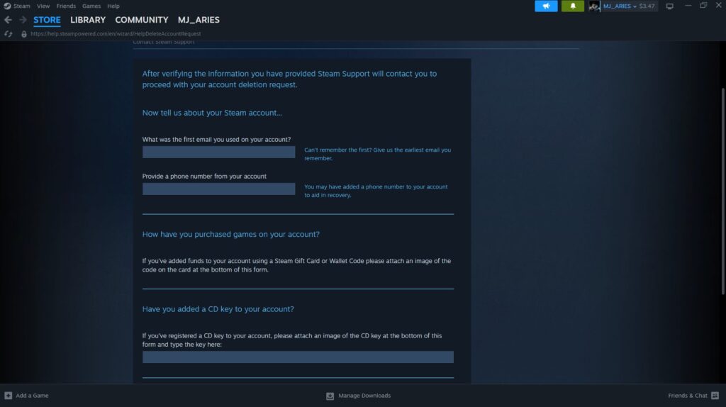 درج اطلاعات مربوط به اکانت استیم خود برای بررسی صحت مالکیت شما و تایید درخواست پاک کردن اکانت.