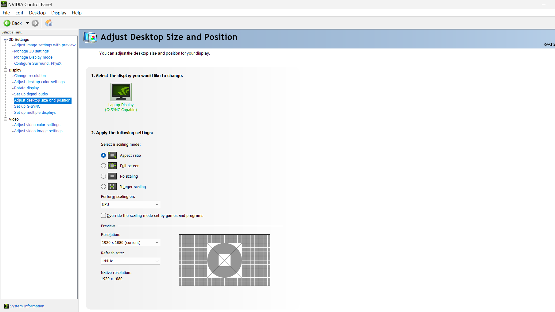 تصویری از تنظیمات Adjust Desktop Size And Position در کنترل پنل انویدیا (Nvidia)