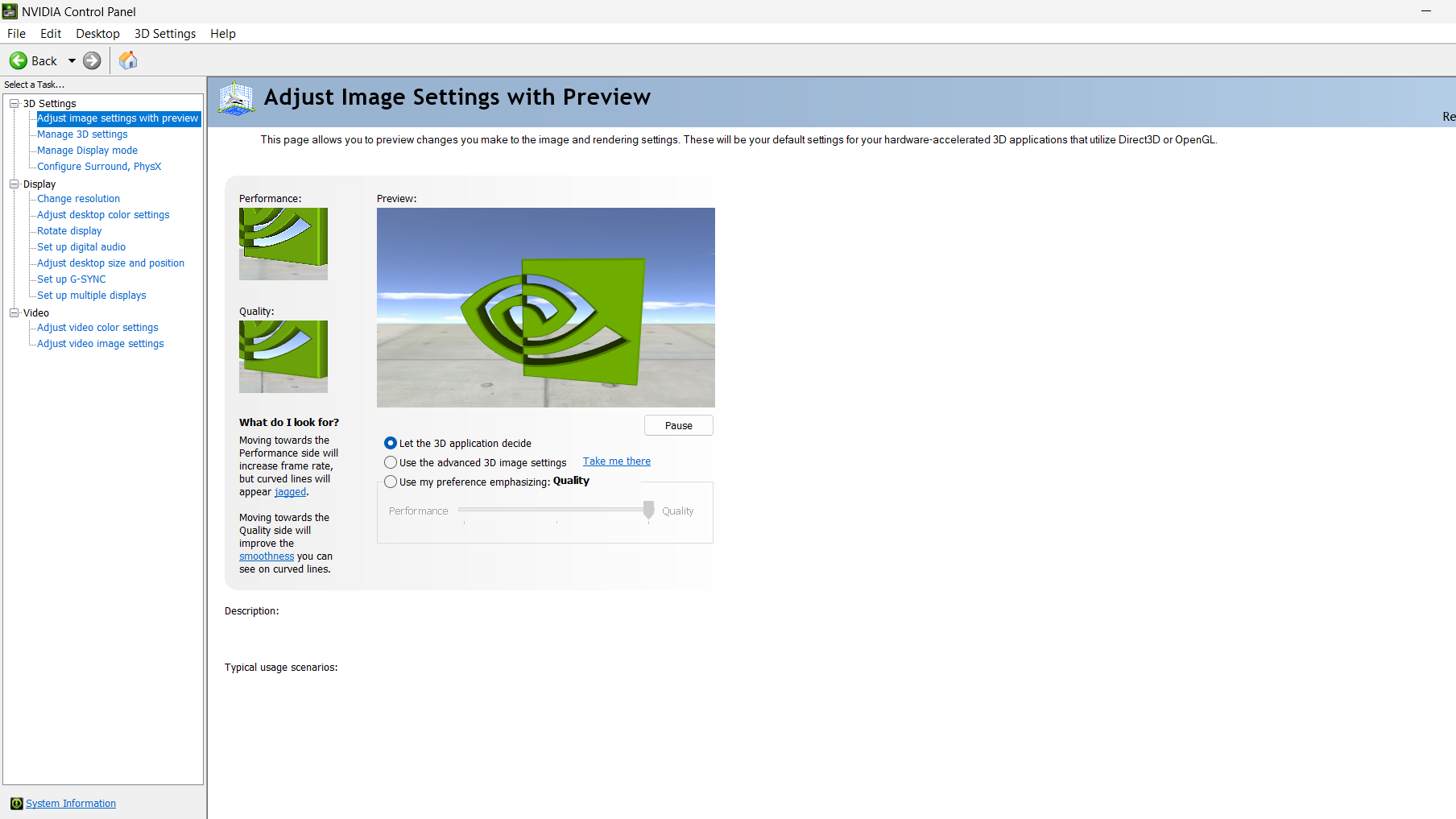 تصویری از محیط کنترل پنل انویدیا (nvidia) در قسمت Adjust image settings preview