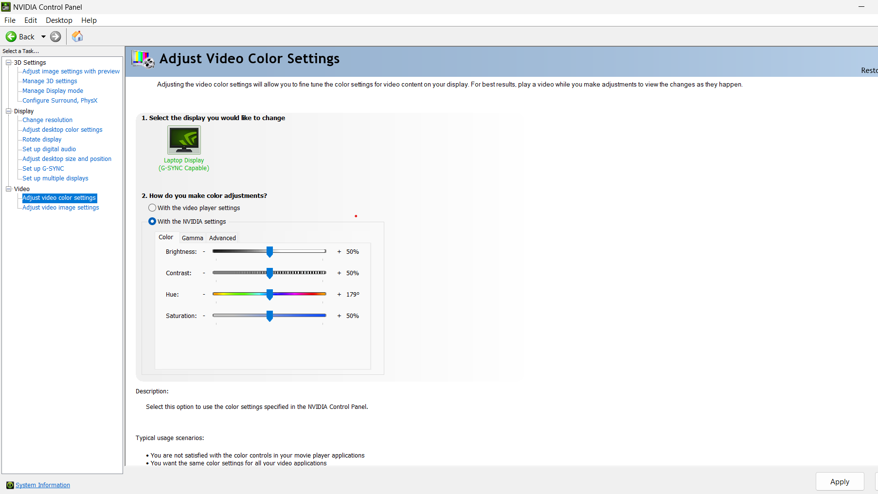 تصویری از تنظیمات Adjust Video Color Settings در کنترل پنل انویدیا (Nvidia)