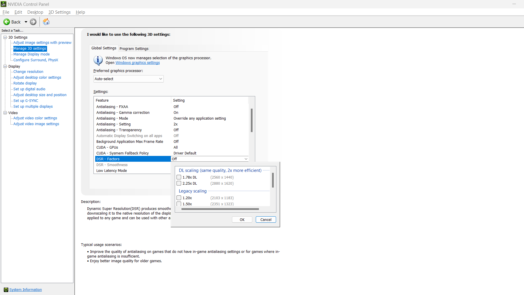 تصویری از تنظیمات DSR-Factors در کنترل پنل انویدیا (Nvidia)