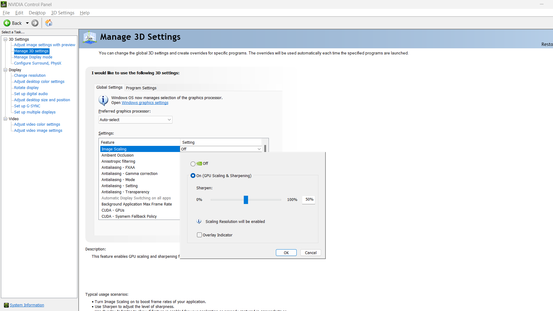 تصویری  از نحوه تنظیم Image Scaling  در کنترل انودیا (Nvidia)