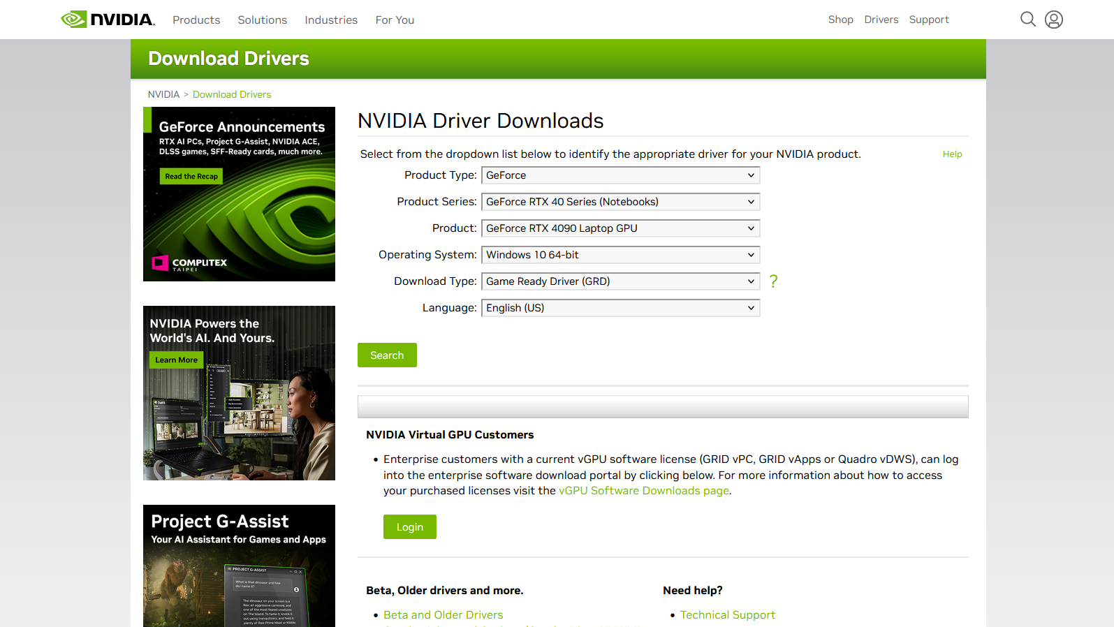 تصویری از صحفه وب انویدیا (nvidia) برای دانلود درایور مودر نظر کارت گرافیک