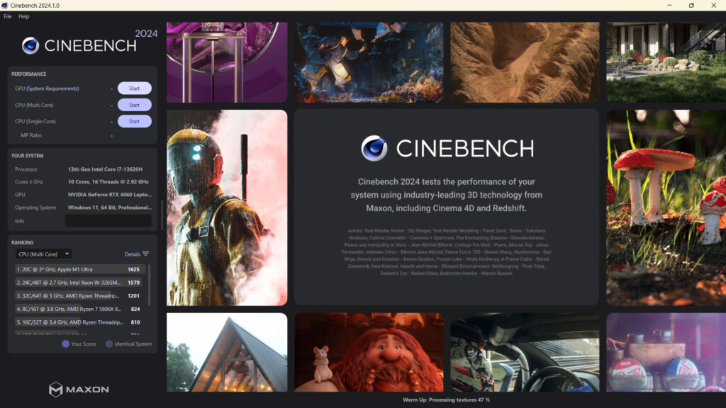 برنامه Cinebench، یکی از معروف‌ترین و پرکاربرد‌ترین برنامه‌های تست بنچمارک در کامپیوتر.