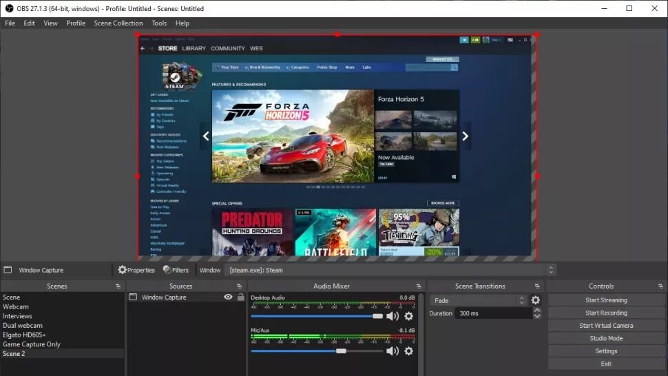 فضای نرم‌افزار OBS، برنامه‌ای که برای ضبط و استریم بر روی کامپیوتر گیمینگ خود نصب می‌کنید