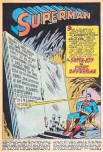 سوپرمن در حال نوشتن در دفتر خاطرات روزانه غول‌آسای خود در شماره ۲۴۱ کمیک Action Comics (برای دیدن اندازه کامل روی تصویر تپ/کلیک کنید)