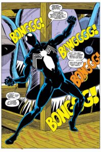 ناقوس کلیسا باعث جدا شدن سیمبیوت از پیتر پارکر در شماره ۱ کمیک Web of Spider-Man می‌شود (برای دیدن اندازه کامل روی تصویر تپ/کلیک کنید)