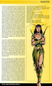 اشاره به هویت‌های ویلو و لورلیِ مانتیس در Official Handbook of the Marvel Universe: Avengers 2005 (برای دیدن اندازه کامل روی تصویر تپ/کلیک کنید)