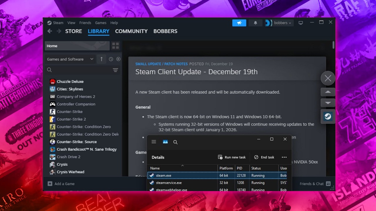 پشتیبانی از نسخه ۳۲ بیتی کلاینت استیم به زودی به پایان می‌رسد
