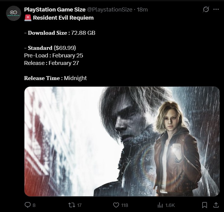 حجم بازی Resident Evil Requiem روی کنسول PS5