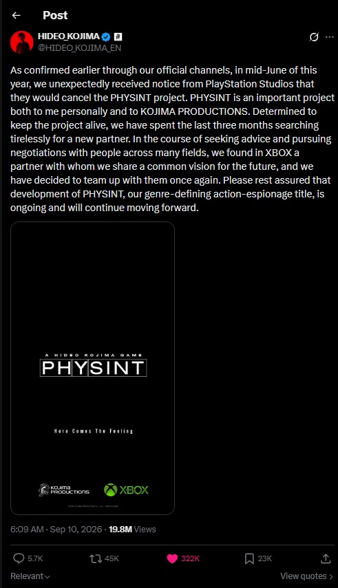 توییت کوجیما درباره قطع همکاری با پلیاستیشن بر سر پروژه Physint